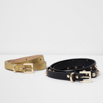 Black and gold skinny belt two pack